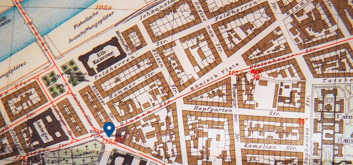 Stadtplan von 1917. Quelle: SLUB Dresden / Deutsche Fotothek. Der Tafelstandort ist markiert.