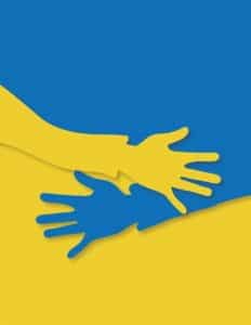 Eine Zeichnung von zwei Händen, die sich berühren. Die eine Hand ist Gelb, die andere Hand ist Blau. Es sind die ukrainischen Nationalfarben.