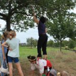 Frau steht auf Clown an einem Baum und Kinder schauen zu