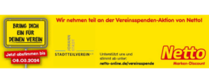 Grafik in gelben und roten Farben, zeigt Symbole und Logos von Netto Discountmarkt und Stadtteilverein Johannstadt.