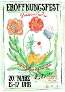 Das Bild enthält Zeichnungen von drei Blumen mit grünen, gelben und roten Farbtönen.  In der Mitte des Bildes befindet sich eine gezeichnete Figur in Gestalt eines weiblichen Clowns.