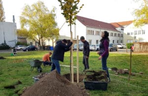 Bild mit Anwohner*innen, die gemeinsam einen Baum pflanzen.