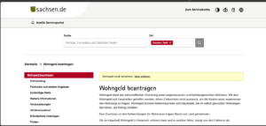 Screenshot einer Webseite, auf der ein Onlineantrag auf Wohngeld gestellt werden kann.