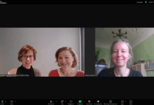Screenshot mit drei Personen vom Videointerview mit der FLÜWO-Stiftung