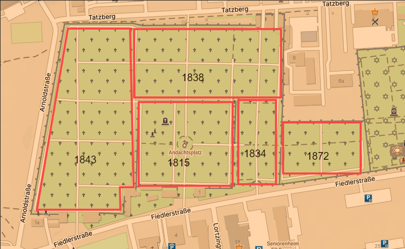 Screenshot von einem Stadtplan mit Fokus auf Trinitatisfriedhof Dresden-Johannstadt.