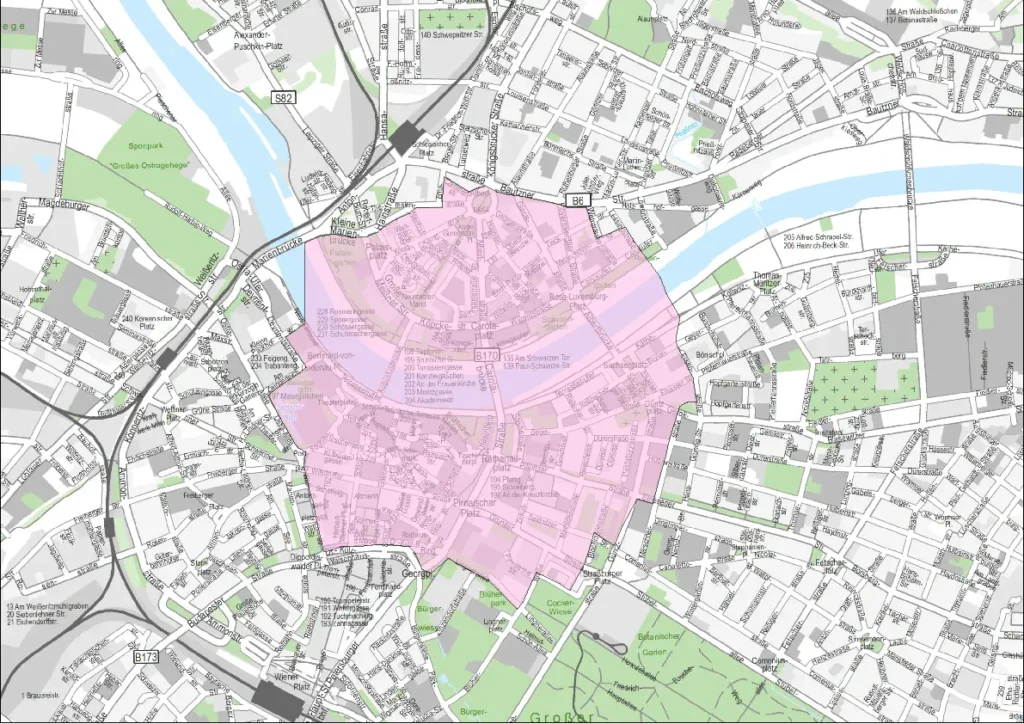 Ausschnitt Dresdner Stadtplan. Der Ausschnitt markiert den Evakuierungsbereich nach einem Bombenfund.