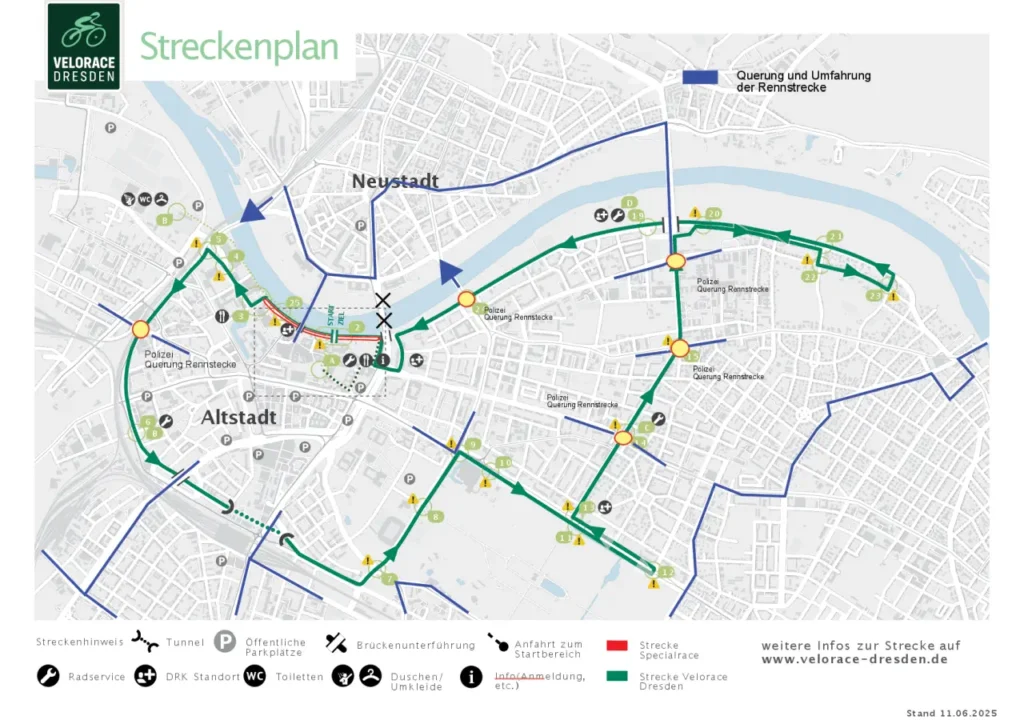 Ausschnitt Dresdner Stadtplan. Der Ausschnitt markiert den Streckenverlauf des Radrennens.